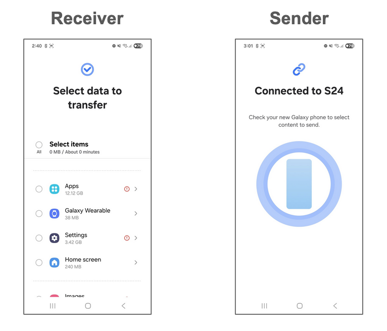 Smart Switch item selection screen