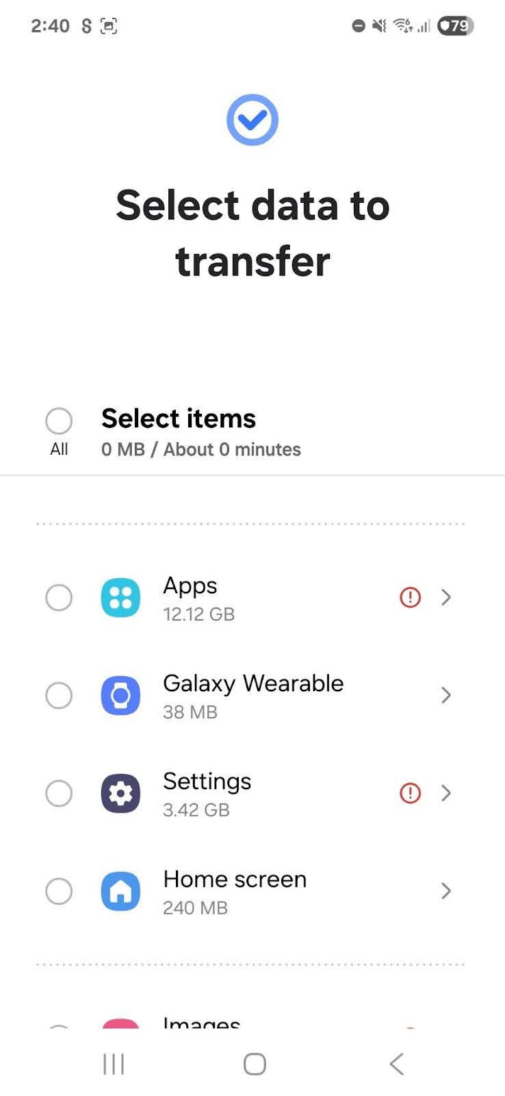 Smart Switch data selection screen