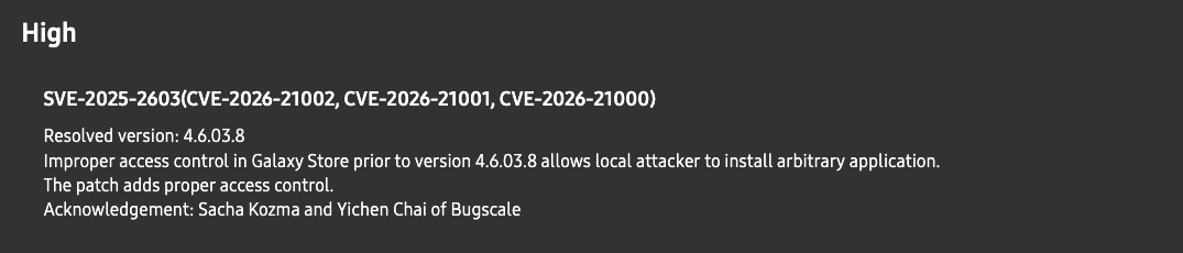 Samsung security bulletin acknowledging the reported issues